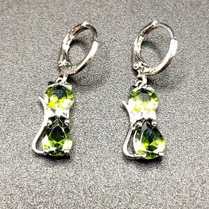 925 Silver Earrings CZ Green Emerald Cat Women's Valentine's Birthday Boho Gift